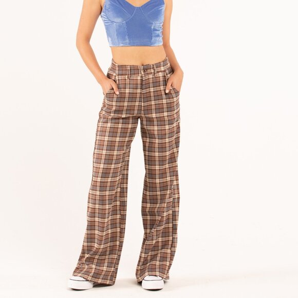 RSQ Womens Wide Leg Brown Plaid Pants/NWT/S - Picture 6 of 16
